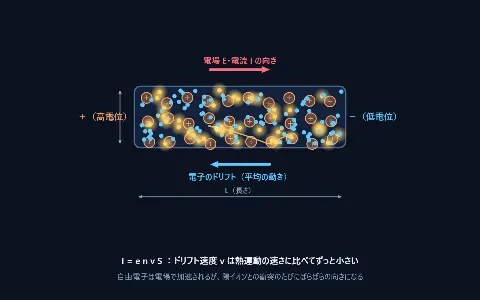 電流と抵抗のモデル（自由電子と陽イオンの衝突）の画面