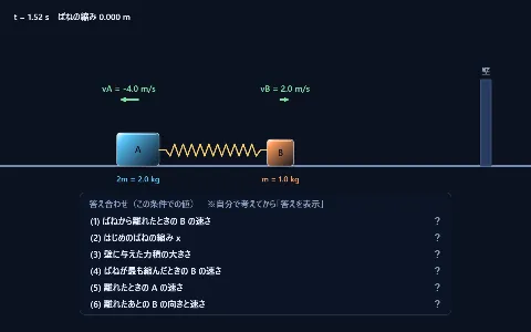 良問 力学31：ばねでつながれたAと、壁で跳ね返るBの画面